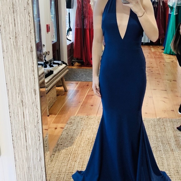La Femme Navy Plunge Halter Prom Dress 